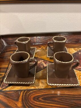 Brown Ceramic Espresso Cup & Square Saucer Set with Contrast Stitching